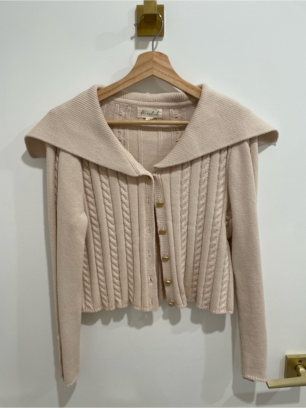 Marled Cream Cable-Knit Sailor Collar Cardigan